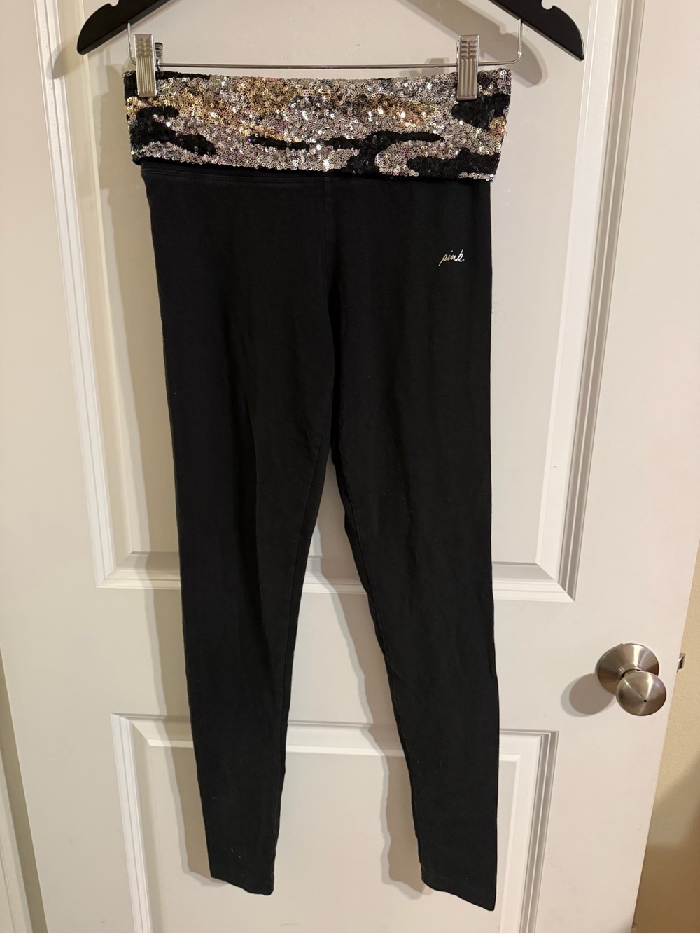 PINK Victoria's Secret Y2K Sequin Fold Over black leggings size XS